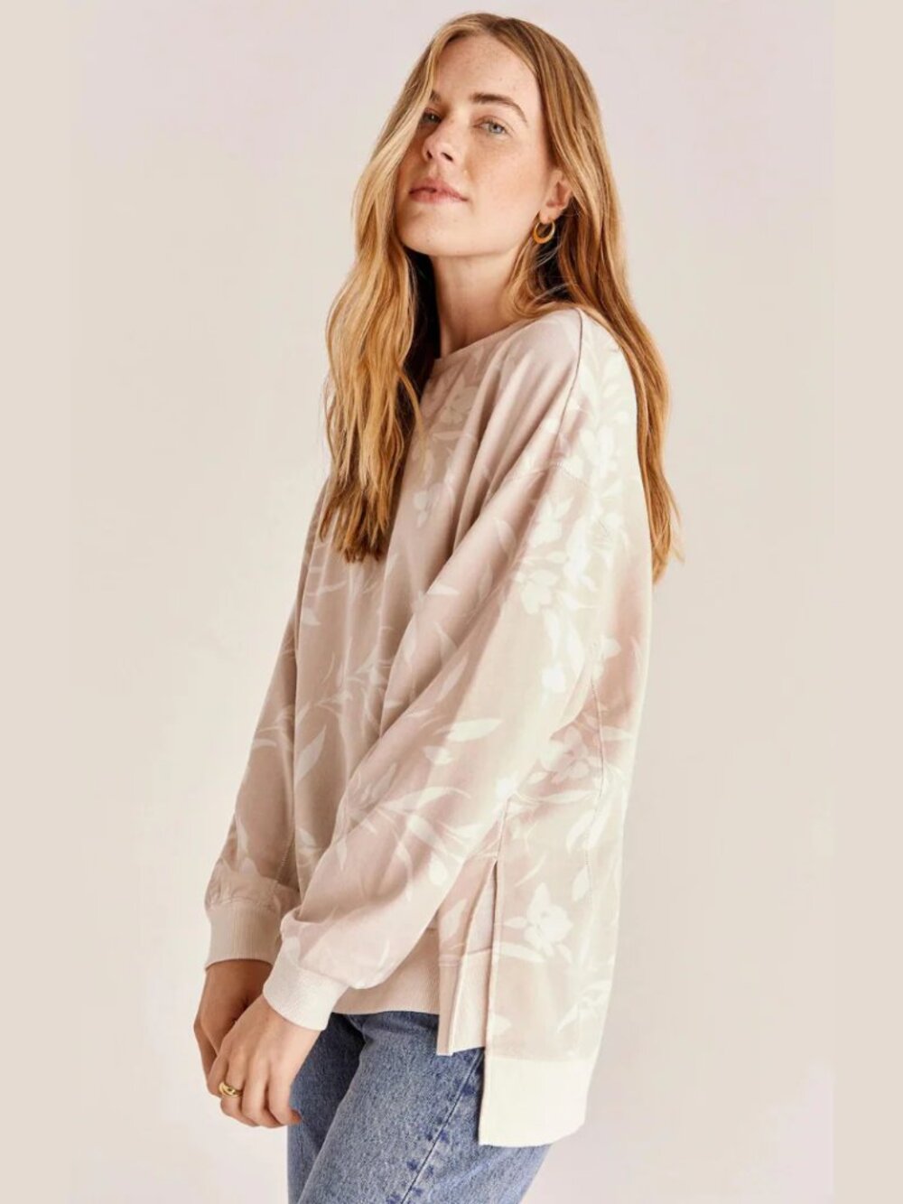 Z Supply XS white and cream floral patterned lightweight oversized sweatshirt